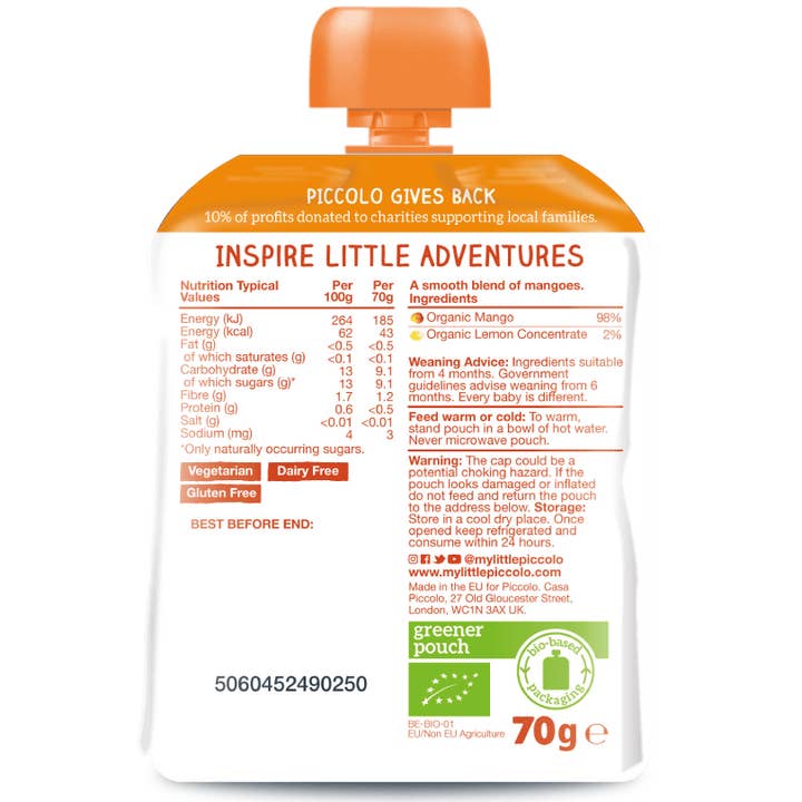 Piccolo Foods - Wholesale Baby Food - Piccolo Organic Pure Mango 70g 4 Months+ Baby Food Pouch