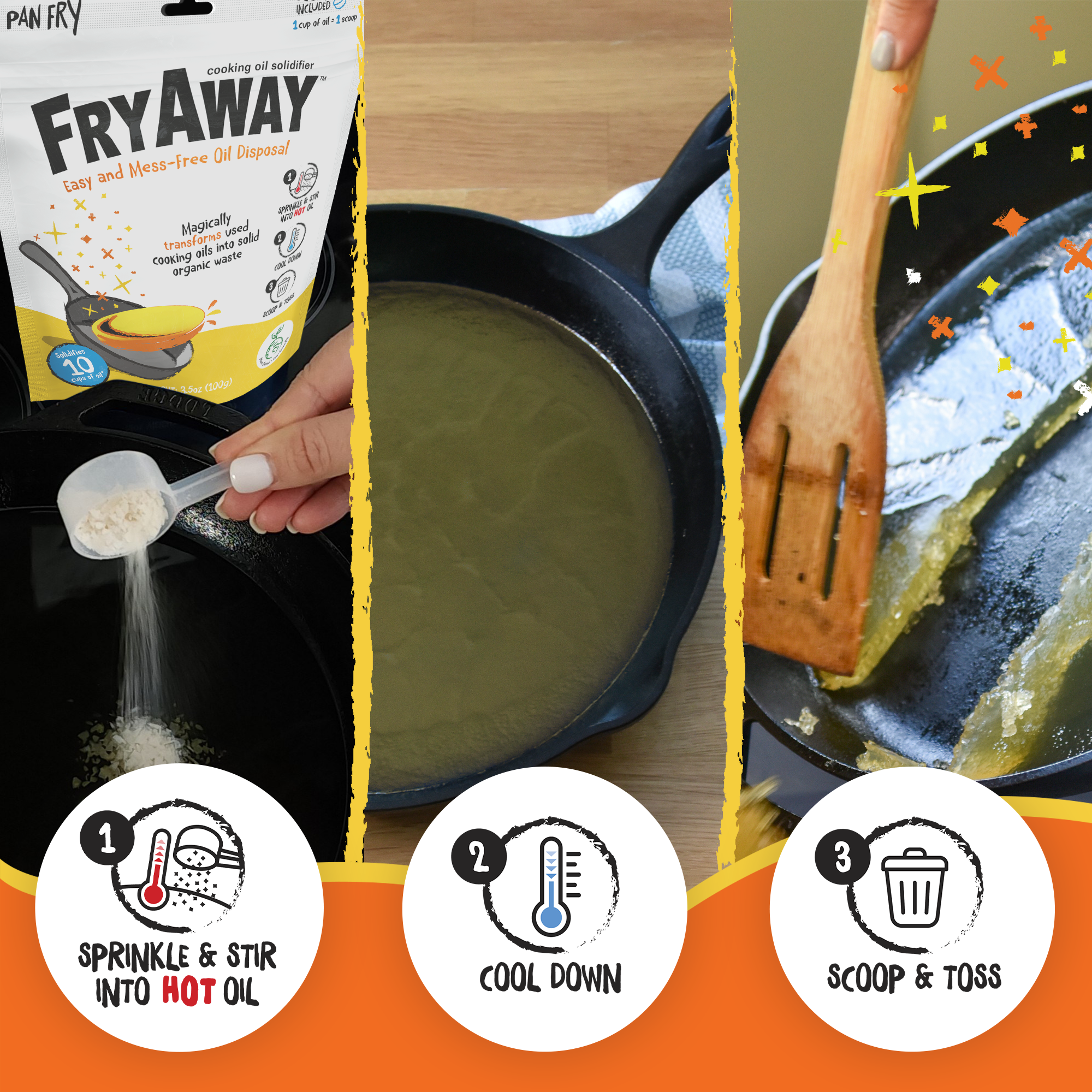 FryAway Cooking Oil Solidifier - Wholesale Kitchen Tool/Gadget - FryAway Pan Fry Scoop - Easy, Mess-free Cooking Oil Disposal (Shark Tank)1