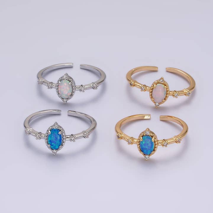 14K Gold Filled White, Blue Oval Opal CZ Ring in Silver & Gold | O1090 - O1093 for wholesale by Aim Eternal
