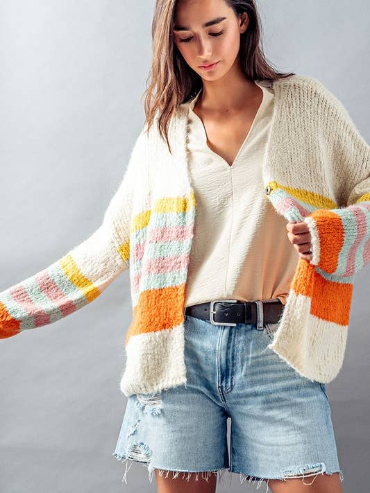 Urban Daizy - Wholesale Cardigan - Women's - SOFT KNIT STRIPED OVERSIZED BISHOP SLEEVE CARDIGAN