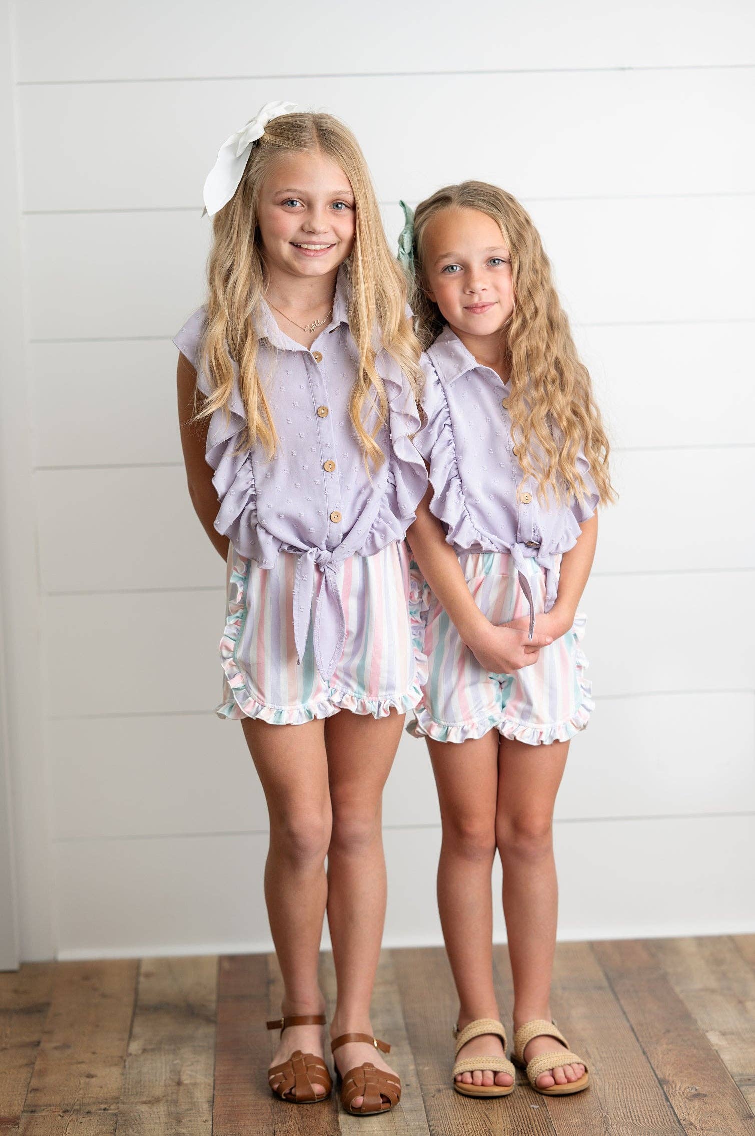 Wren & James - Wholesale Top & Short Set - Kids - Kids Lavender Ruffle Top & Pastel Stripe Spring Short Set1