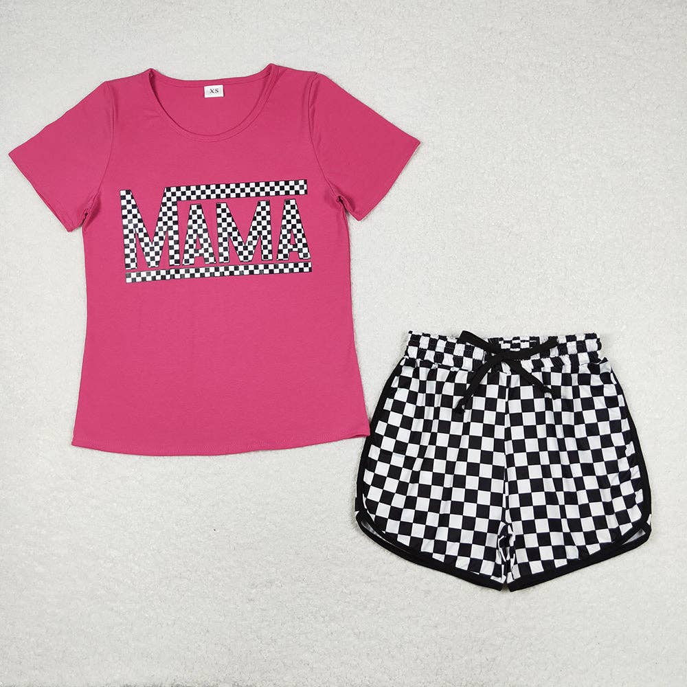 Aier Wholesale - Wholesale Mommy & Me Sets - Mommy and Me Adult Baby Girls Mini Pink Shirt Checkered Shorts Outfits2