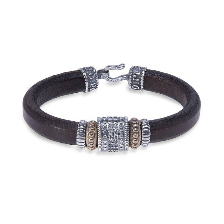 Leather bracelet with 925 silver pieces, bronze, and white zirconia. for wholesale by PLATADEPALO