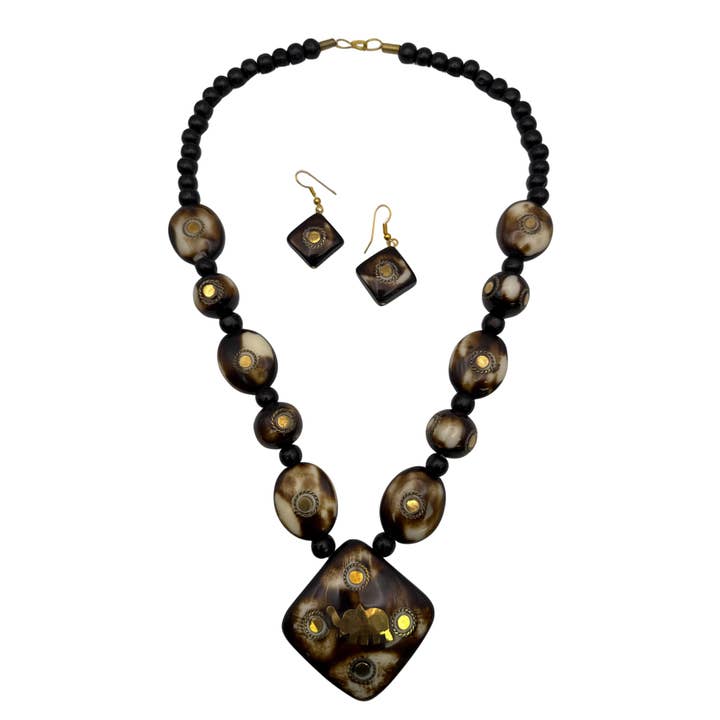 Brunt bleknat hartsmyckeset med halsband och örhängen - elefantdesign för wholesale av Treasure Jewelry