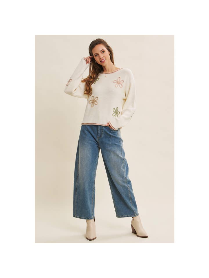 in february - Wholesale Knit Sweater - Women's - EFFORTLESS COMFORT CONTRAST FLORAL APPLIQUE SOFT SWEATER39