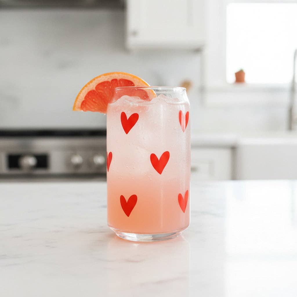 cool people club - Wholesale Drinking Glass/Cup - Can glass with print "Red Hearts"