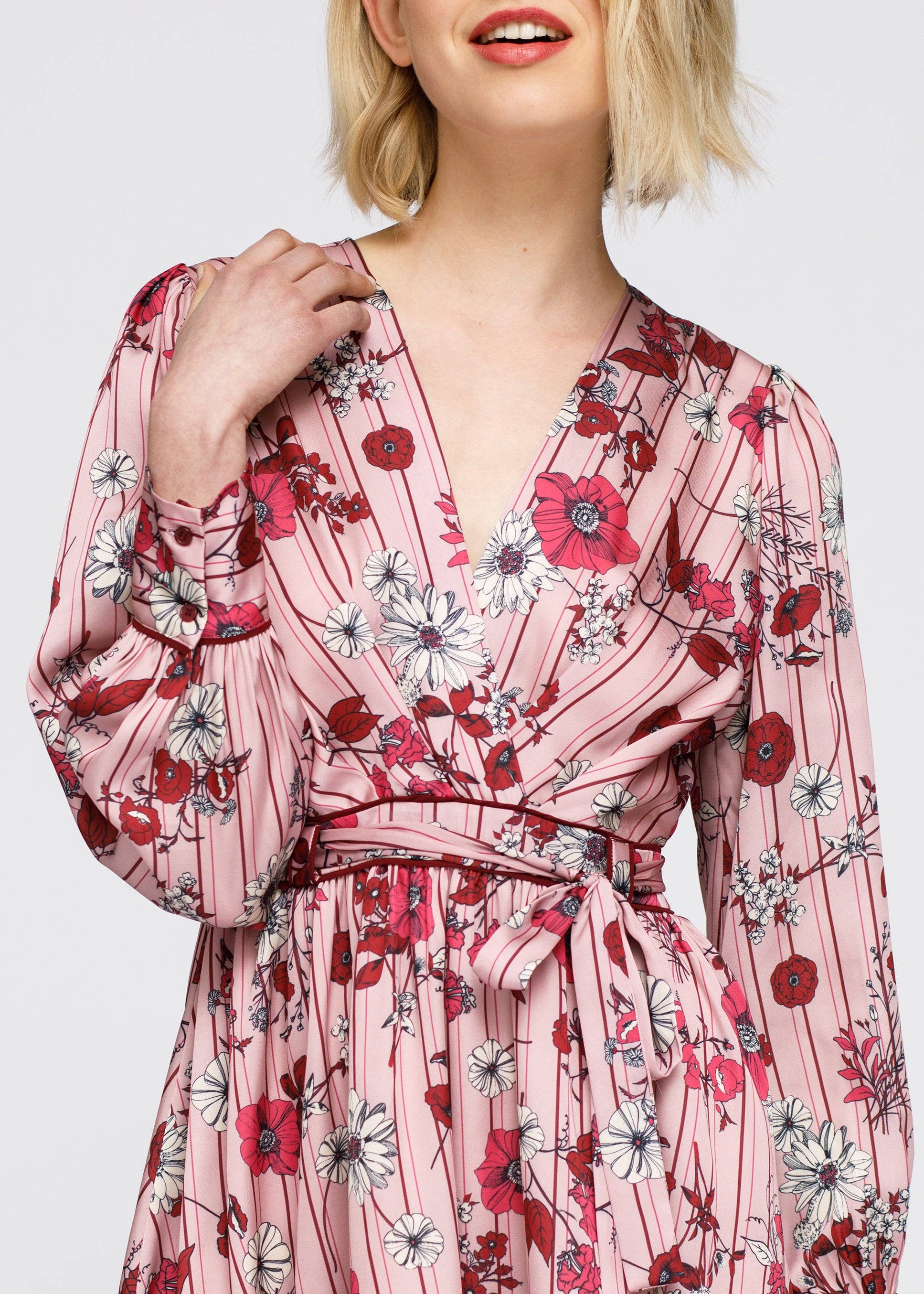Robin K - Wholesale Dress - Women's - Nurode's Pajama floral Satin Wrap Front Flared Dress4