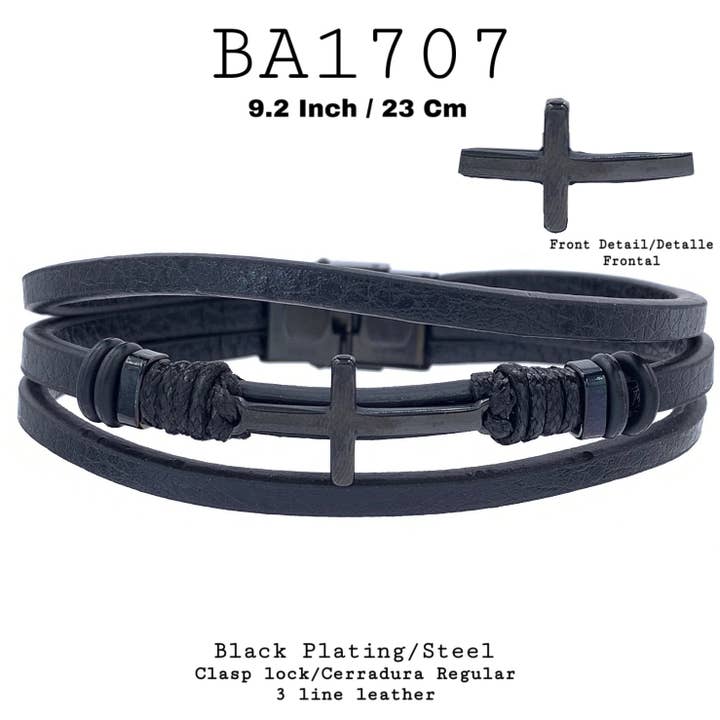 Bracciale in ecopelle nera con croce in acciaio inossidabile per la vendita all'ingrosso da parte di Nisso & Co. NYC Jewelry Wholesale