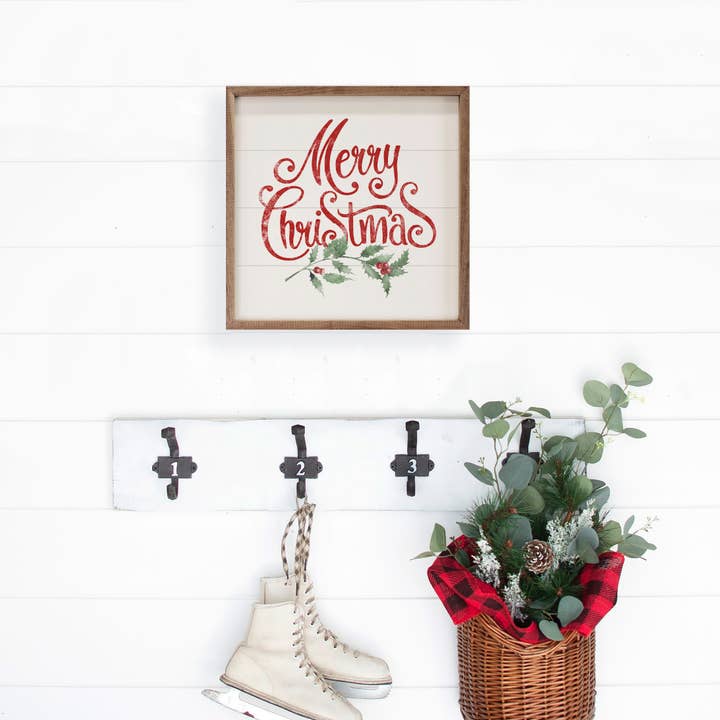 Kendrick Home - Wholesale Christmas Wall Art - Watercolor Merry Christmas Holly White