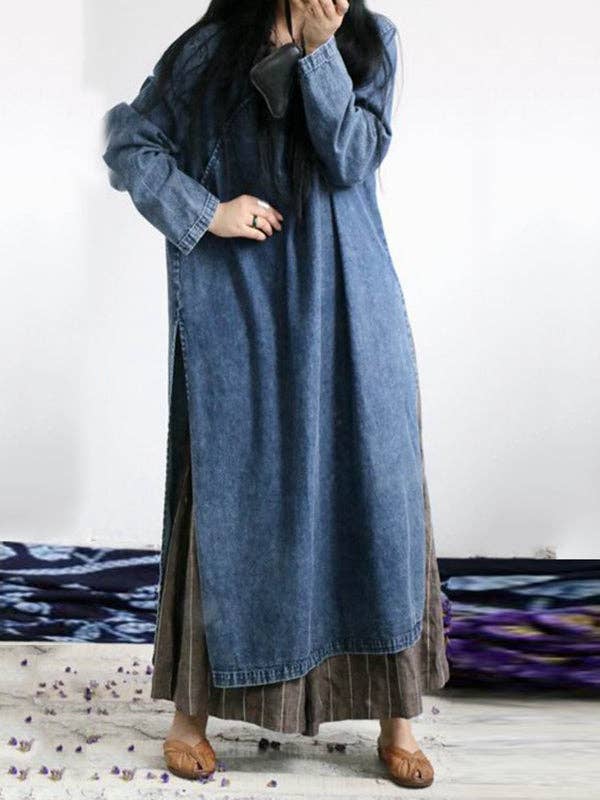 BLUE Loose Button Split-side Jeans Long Dress for wholesale on Faire2