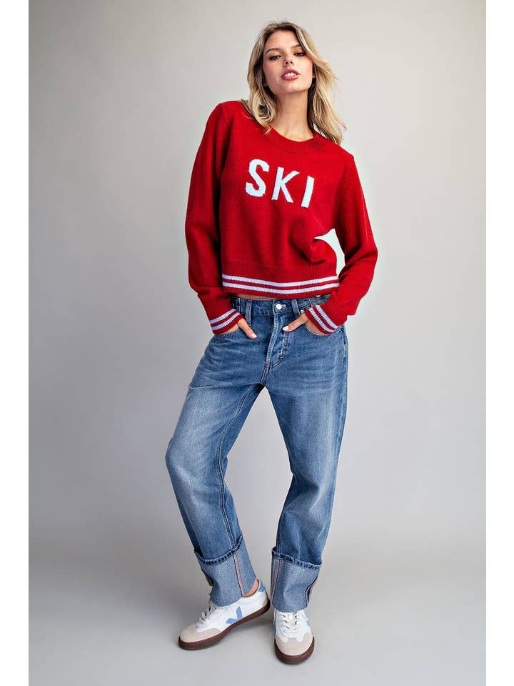 CRIMSON PL9681 - BOLD SKI LETTERING STRIPED CUFF SWEATER for wholesale on Faire9