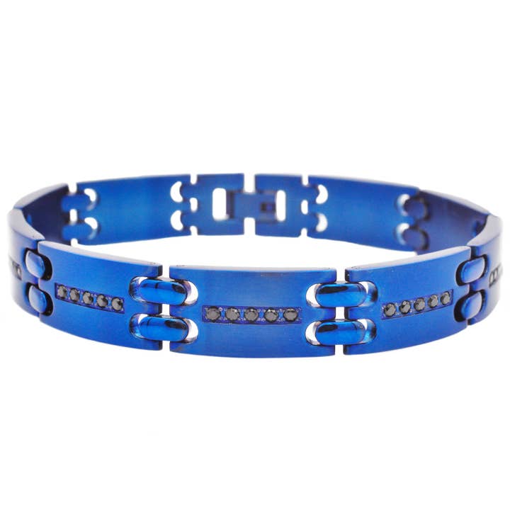 Men's Blue Stainless Steel Bracelet With Black Cubic Zirconia for wholesale by Blackjack Mens Jewelry