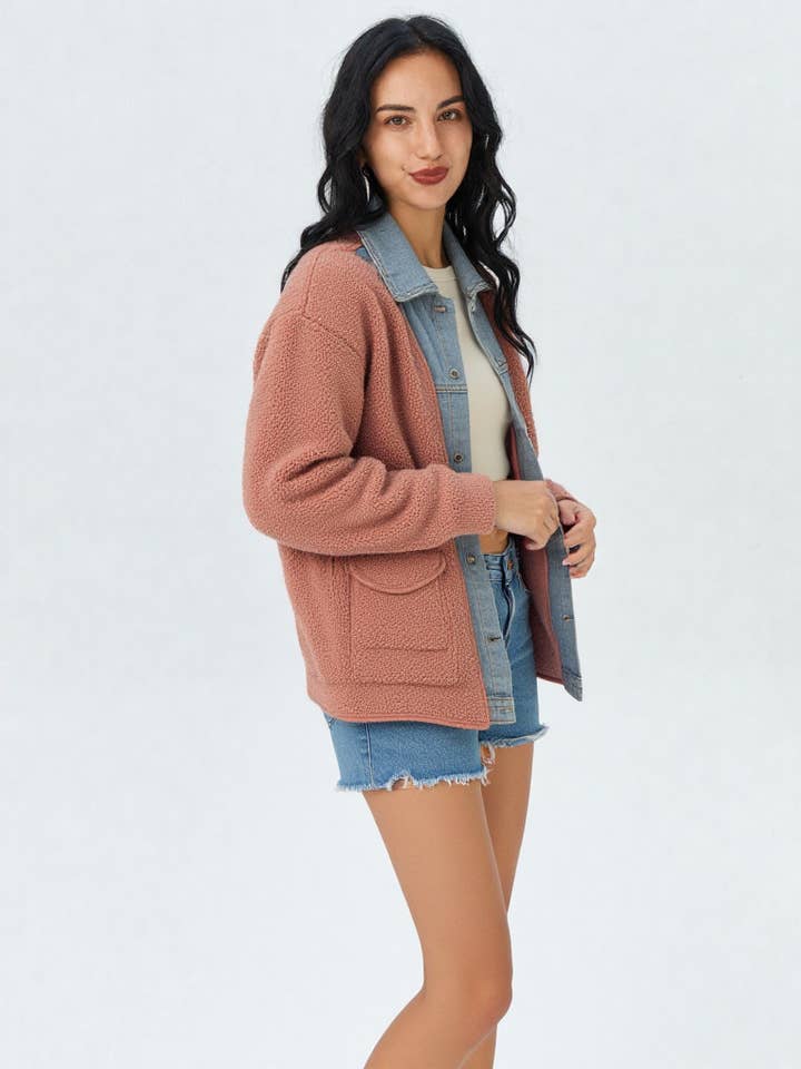 VERY J - Wholesale Shirt Jacket/Shacket - Women's - NJ90198-Soft Fleece and Denim Contrast Shacket Jacket