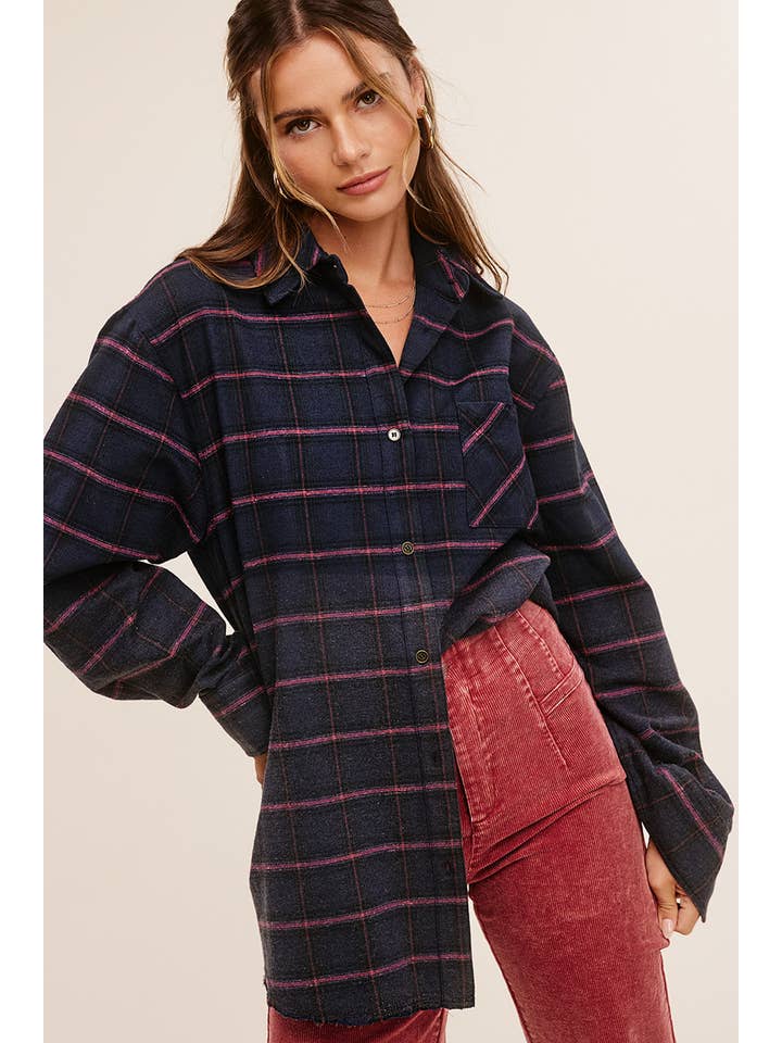 La Miel - Wholesale Buttoned-down shirt – Women's - SRT1329-Loose Fit Button Down Two-Tone Washed Plaid Shirts15