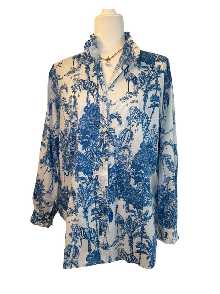 Rena Lina - Wholesale Button Down Shirt - Women's - Jungle Toile Block Print Ruffled Collared Blouse2