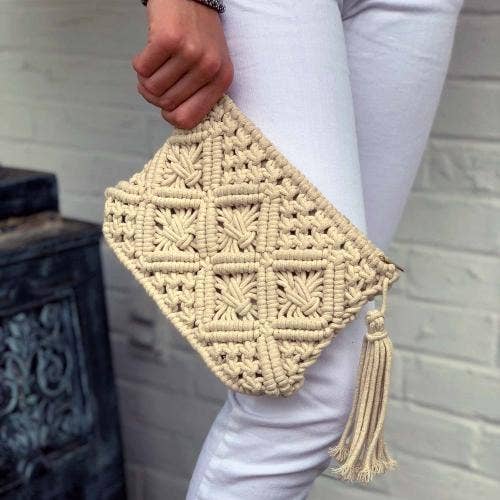 Global Crafts - Wholesale Clutch Bag - Women's - Cream Macrame Clutch with Tassel1