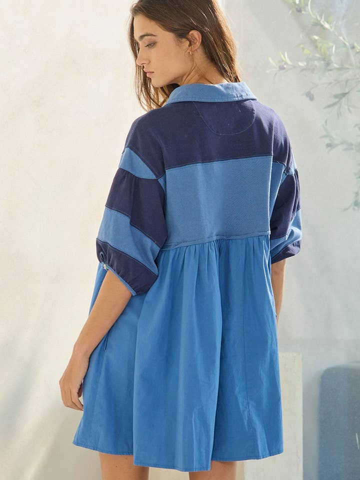 Denim blue ID4301 Billowy Shapeless Silhouette Rugby Mini Dress for wholesale on Faire