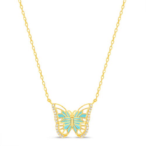 Sterling Silver Gold Plated White/Turquoise Enamel & CZ Butterfly Necklace for wholesale by Atlanta Jewelers Supply