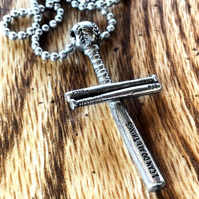 Forgiven Jewelry - Wholesale Pendant/Charm Necklace - Baseball Bat and Ball Cross Necklace Pewter1