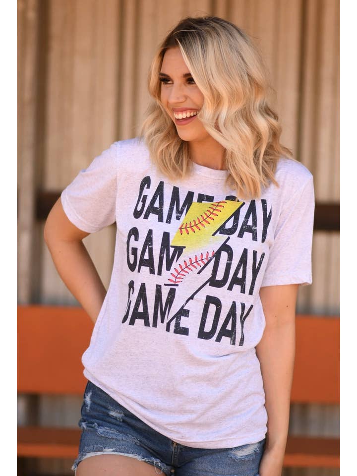 Ash Half Baseball Half Softball Game Day Bolt Tee for wholesale on Faire