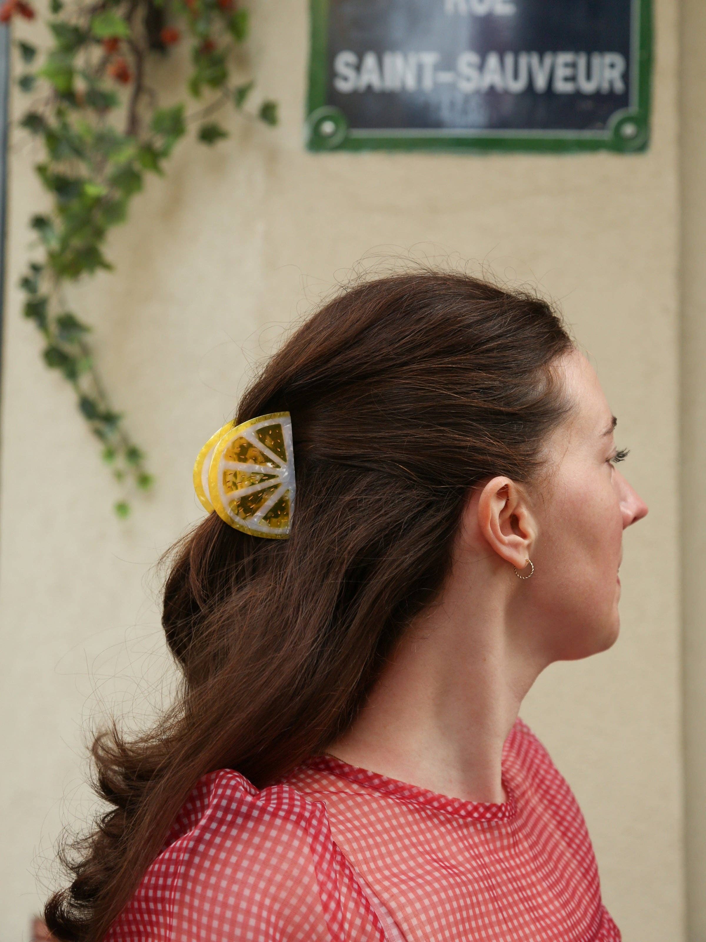 Solar Eclipse - Vente Pince à cheveux – femme - Pince à cheveux peinte à la main en forme de tranche de fruit agrume | Écologique1