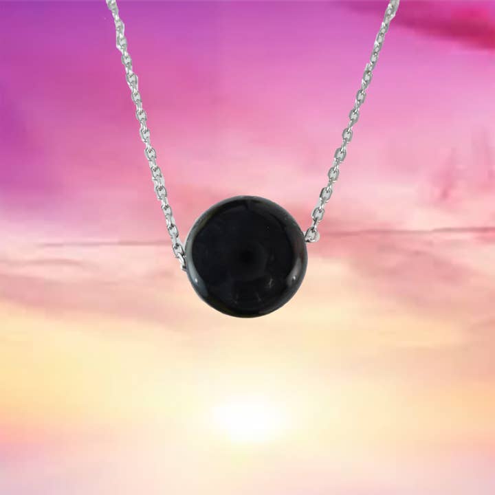 Collier en véritable onyx noir taillé en rond sur chaîne en argent sterling ajustable, N9530 - Bijoux Paradise Treasures pour la vente par Paradise Treasures Jewelry