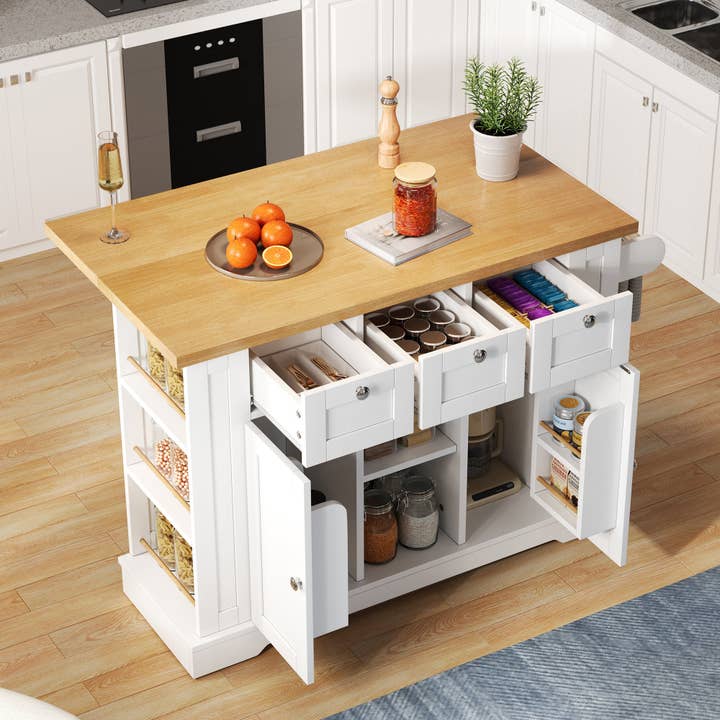 Urban Meuble - Wholesale Kitchen Storage/Organizer - White kitchen island with wood effect, extendable top, storage, and USB ports AMYLOPECT6