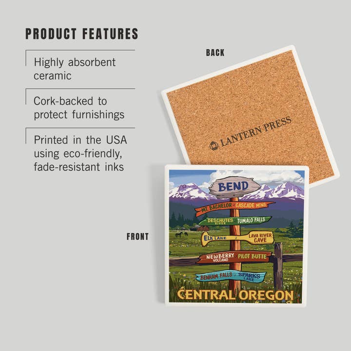 Lantern Press - Wholesale Coasters - CERAMIC COASTER Bend, Oregon, Destination Signpost2