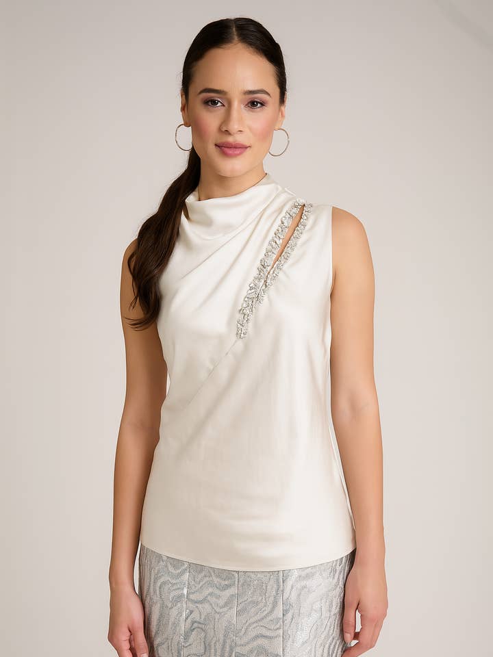 MOCK DRAPED NECK ASYMMETRICAL KEYHOLE TOP for wholesale by Maggy London Group