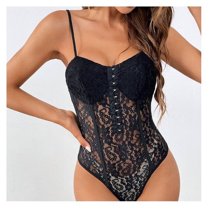 Elegante traje de baño negro de malla transparente de una sola pieza para venta al por mayor de FurDecoration