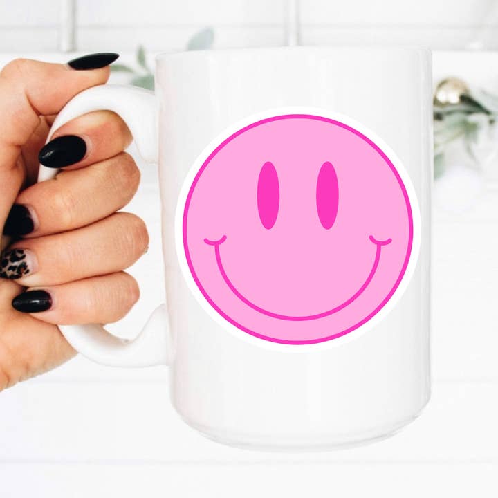 15oz Retro, Happy Face Ceramic Coffee Mug for wholesale by Boho Sips