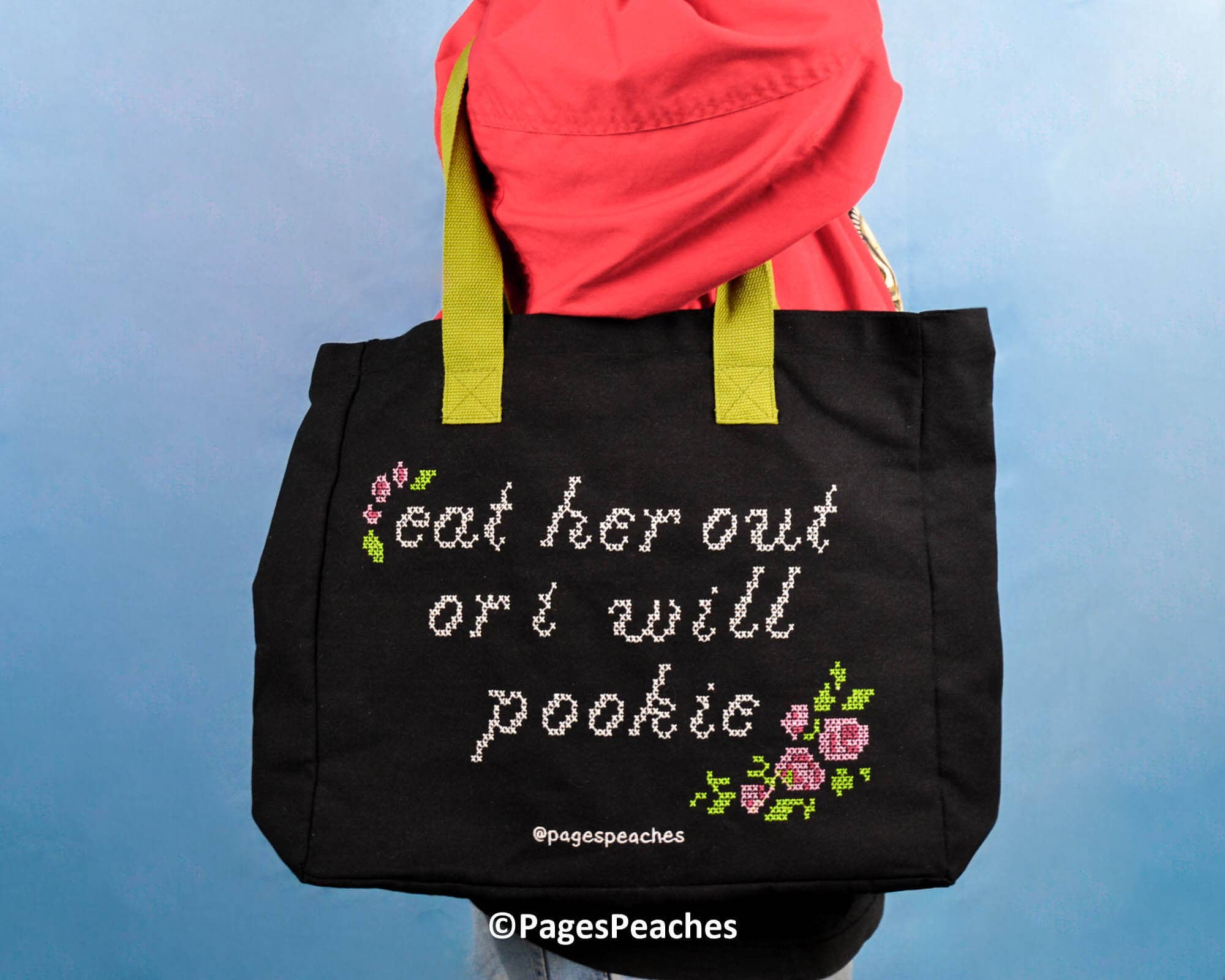 Page's Peaches - Wholesale Tote Bag - Unisex - Eat Her Out Tote Bag - Laptop and -Bottle Pocket3