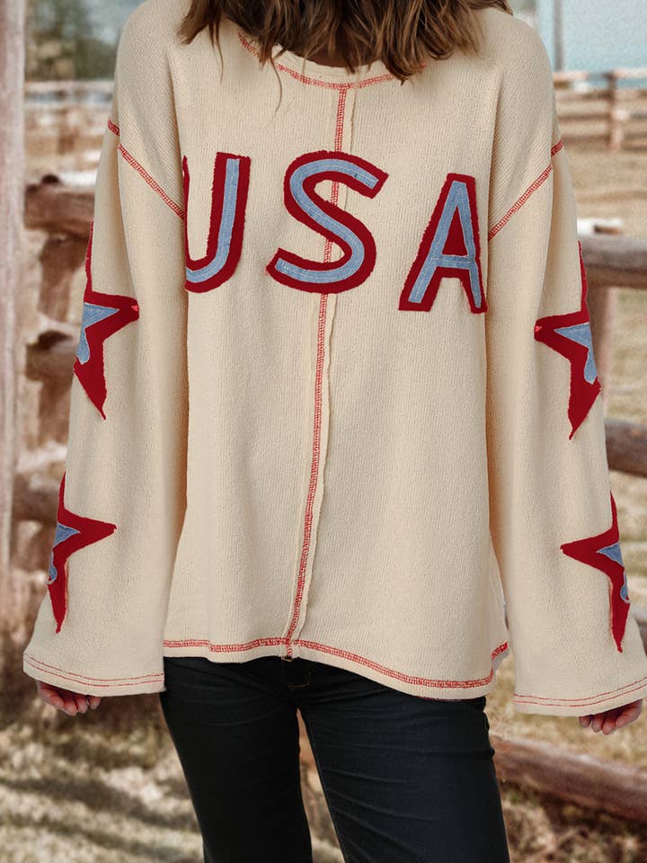 Fashion-W USA Star Contrast Exposed Seam Long Sleeve Top for wholesale by fashionworks