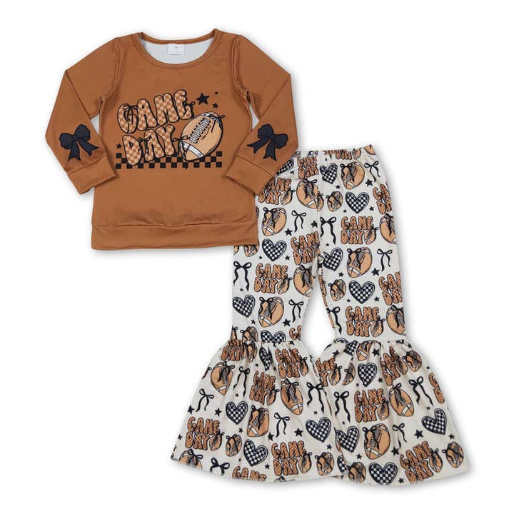 Game day football bow top bell bottom pants girls clothes for wholesale by Yawoo Garments