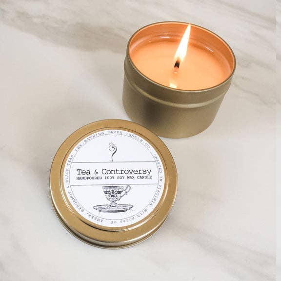 Tea & Controversy | Petite Gold Collection Soy Candle for wholesale by The Bathing Raven Candle Co.