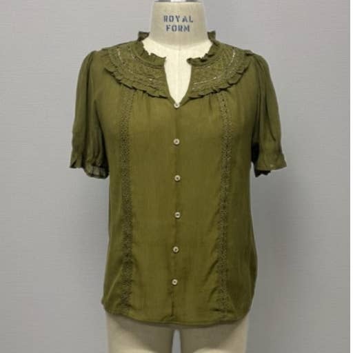 Curve Market - Wholesale Blouse - Women's - PLUS SIZE RUFFLE LACE TRIM SPLIT NECK BUTTON DOWN SHORT SLEE0