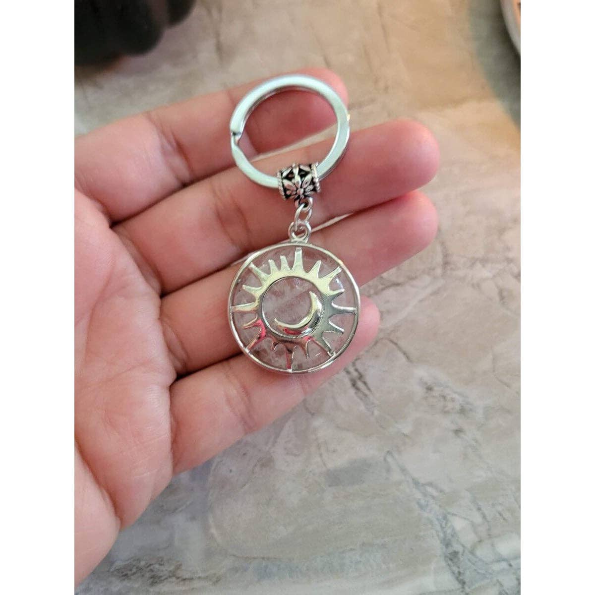 My Magic Place Shop - Wholesale Keychain - Women's - Natural Quartz Crystal Keychain,  Flat Round with Sun & Moon3