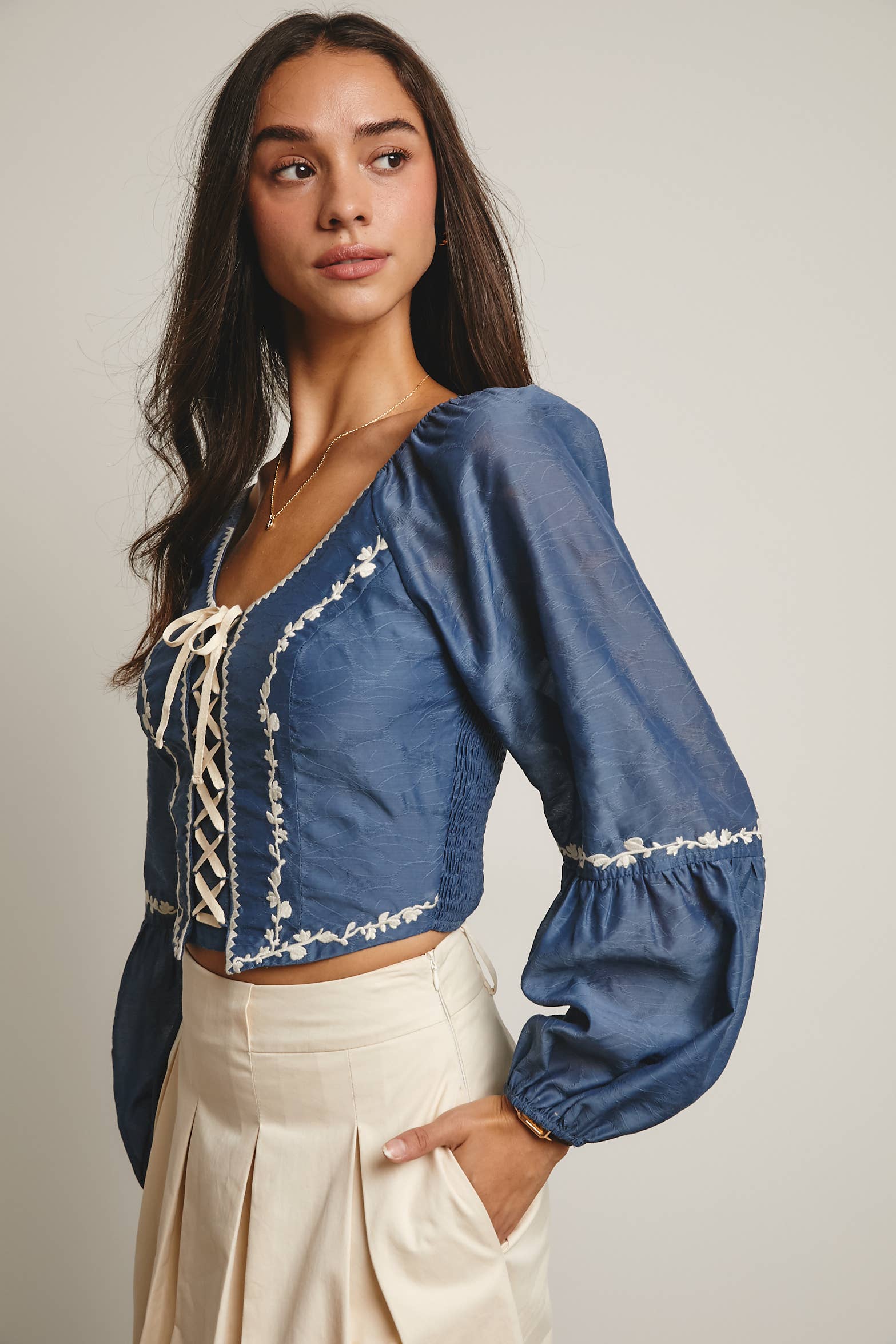 Forte - Wholesale Blouse - Women's - Lace-Up Embroidered Puff Sleeve Top FT0007 20