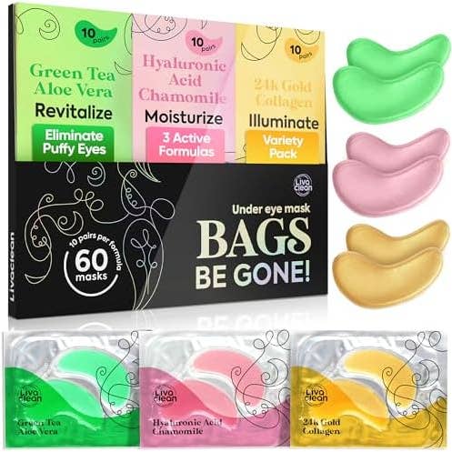 LivaClean Patchs pour les Yeux en Or 24k - 60 Masques pour les Yeux - Patchs pour les Yeux au Collagène pour les Yeux Gonflés et les Cernes - 3 Formules Actives, Acide Hyaluronique, Collagène et Aloe Vera pour les Yeux Fatigués et Gonflés pour la vente par Livaclean