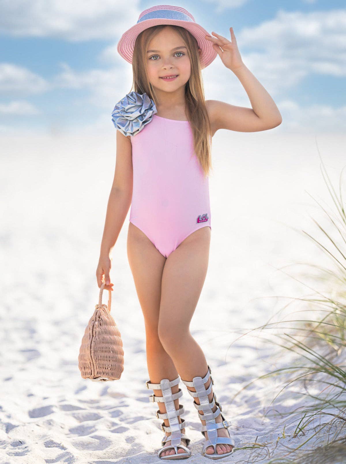 Pink L.O.L. SURPRISE! x Mia Belle Girls Kitty Queen One Shoulder Swimsuit for wholesale on Faire3