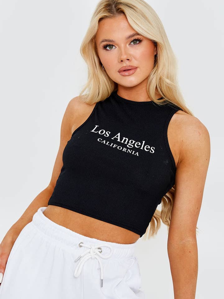 Stylewise Direct – wholesale Linne (Tryckt) - Dam – Los Angeles Ribbad Väst Crop Top