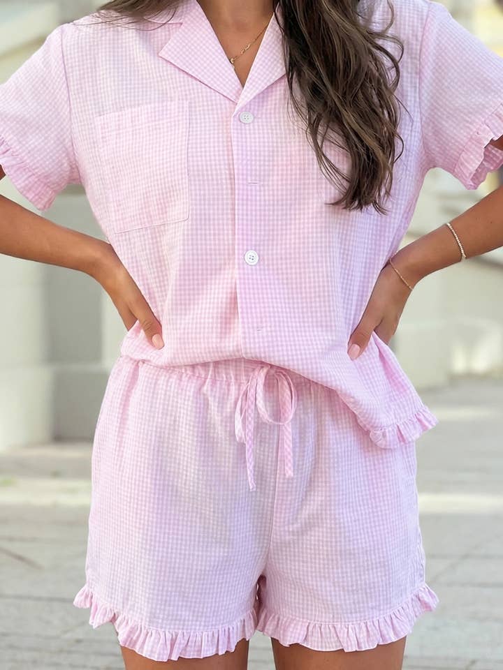 Plaid Print Ruffle Trim Loose Shirt 2pcs Short Set for wholesale by 1 the Woman