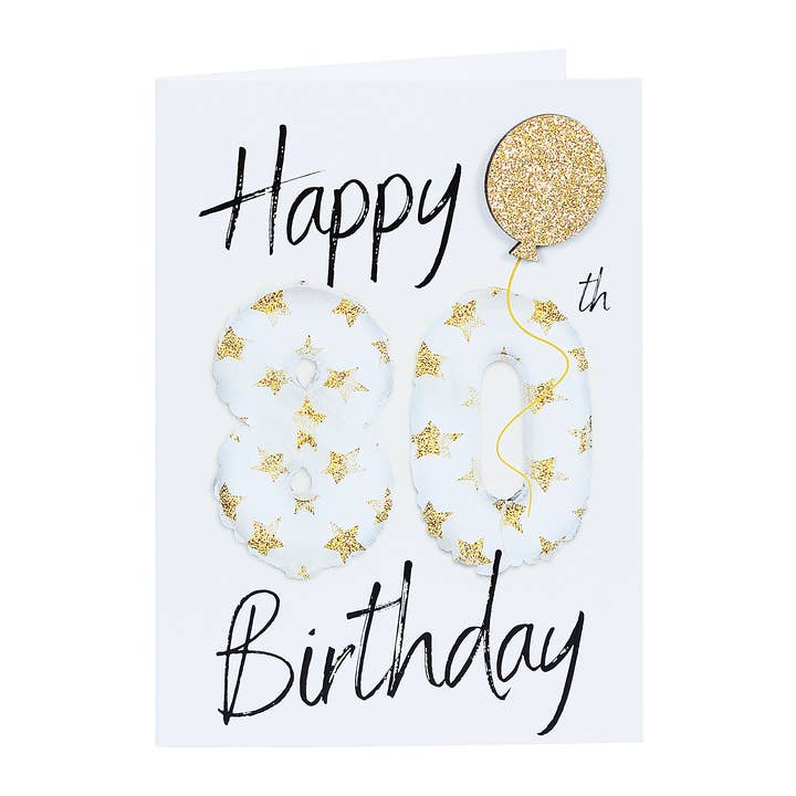 80th Birthday Card embellished with a Gold Glitter Balloon for wholesale by Lil's Cards