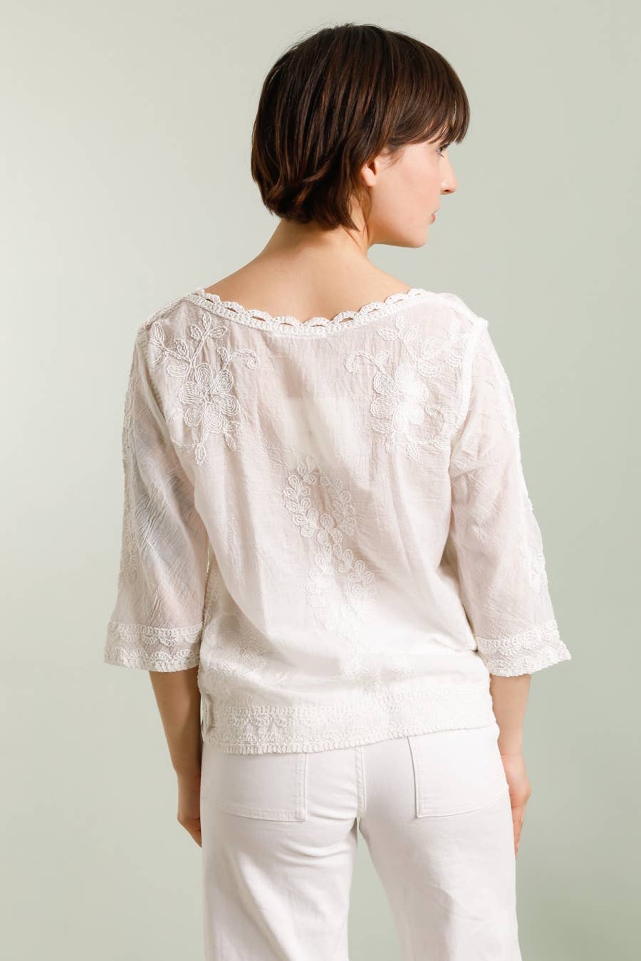 DIX-ONZE - Wholesale T-Shirt - Women's - Embroidered Top with 3/4 Sleeves – Lace Trim6