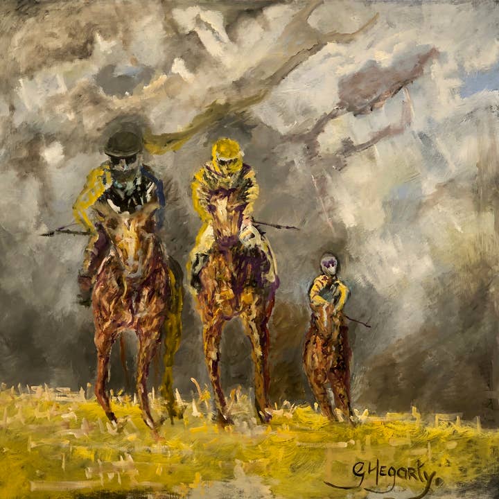 Peinture à l'huile originale. Encadré. « Course vers l'arrivée » pour la vente par Gerard Hegarty Original Artist