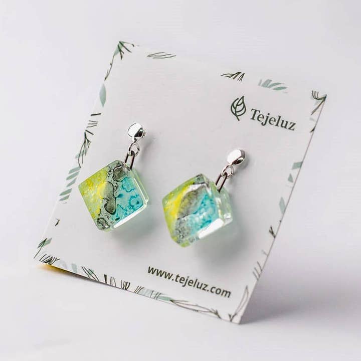 Silver and turquoise-yellow glass earrings Pasiphae for wholesale by Tejeluz, arte en vidrio
