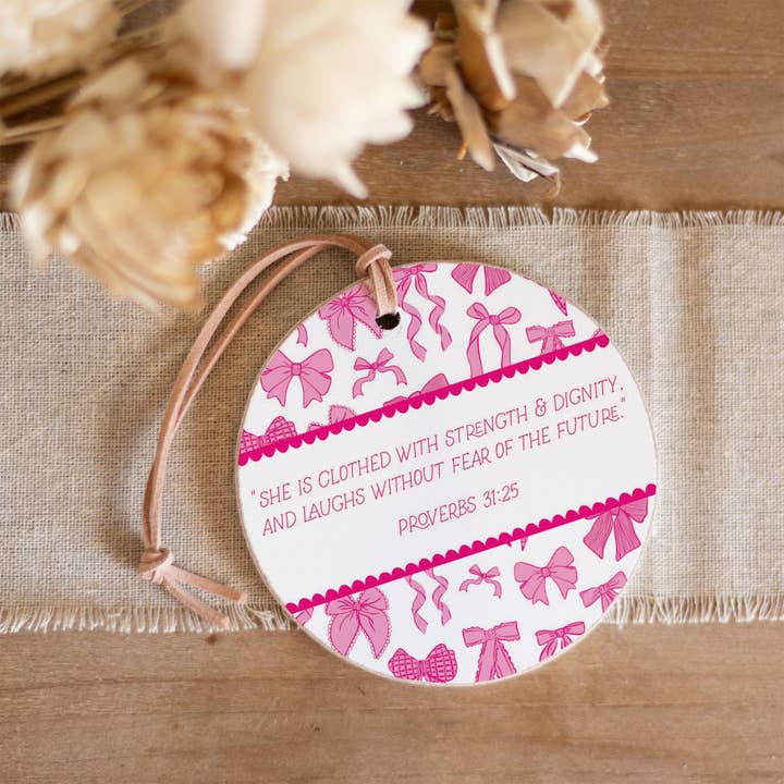 Clairmont & Co - Wholesale Ornament - Pink Bows She Is Clothed Round Ornament, Bow Ornaments