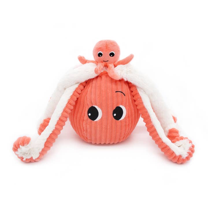 Les Déglingos, France – Peluche - Crianças e bebés por atacado – Les Ptipotos - Polvo de pelúcia mãe e filhote 45 cm em coral aqua2