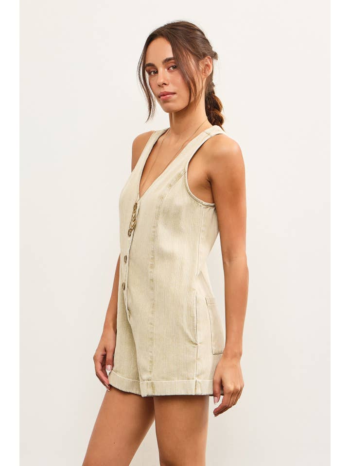 Mustard Seed - Wholesale Romper - Women's - BUTTON CLOSURE V NECK SLEEVELESS ROMPER