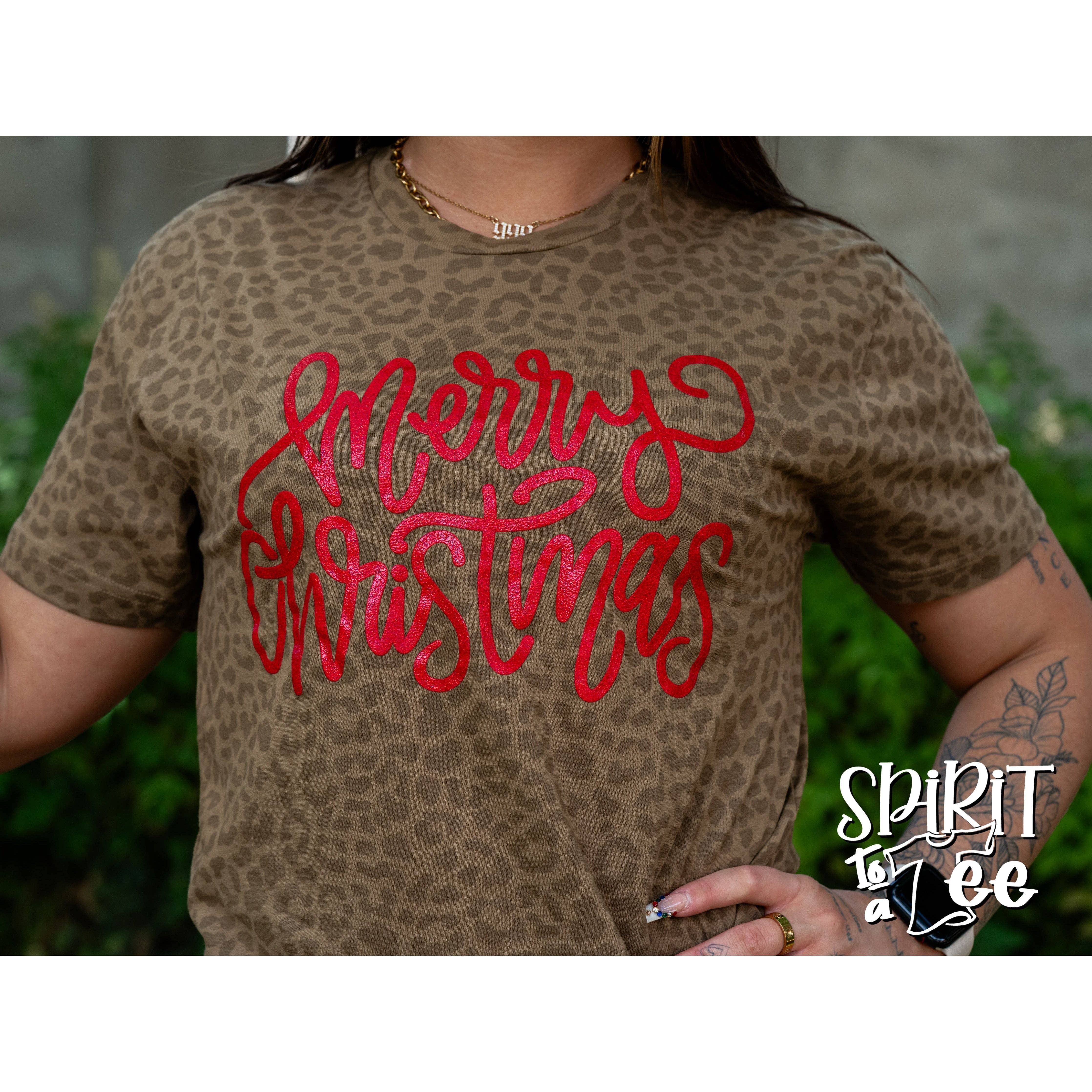 Spirit to a Tee - Wholesale Screen Printed T-Shirt - Women's - Merry Christmas Glitter - Animal Print Christmas Tee3